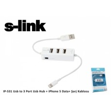 S-link IP-531 Usb to 3 Port Usb Hub + iPhone 5 Data+ Şarj Kablosu